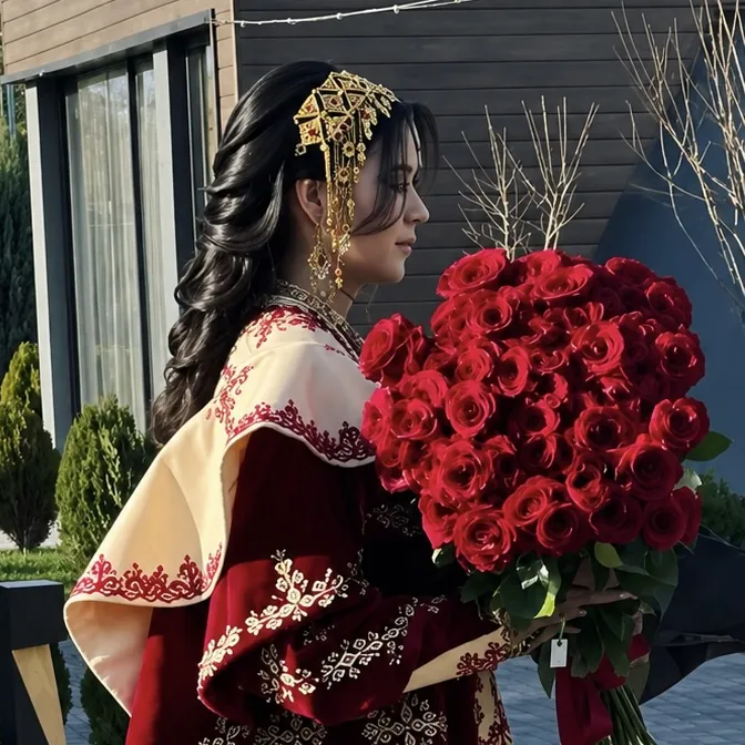 Selbi keşdeli ýapynjada, elinde gyzyl bägül desesi